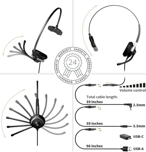 אוזניות קוויות של גווניו [4in1] עם שקע USB -A, USB -C, 2.5 ממ ו -3.5 ממ - כולל שלושה כבלים ומתאם, רפידות אוזניים להחלפה, כיסוי מיקרופון - קל משקל